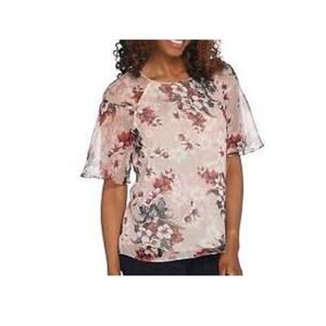 Ethereal Pink Romantic Chiffon Timeless Blooms Blouse Sz Large